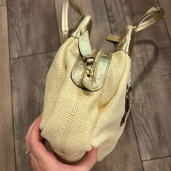 Coach Ivory Straw Embossed Embroidery Butterfly Gold Leather Trim Shoulder Bag - Picture 9 of 17